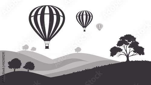 Hot Air Balloons Floating Over Serene Landscape with Hills and Trees