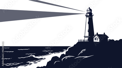 Lighthouse Against Dark Ocean Silhouette with Dramatic Light Beaming