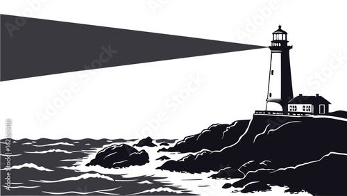 Lighthouse on Rocky Coastline with Light Beam Illuminating Dark Ocean