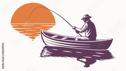 Man Fishing in a Small Boat at Sunset Over Calm Waters