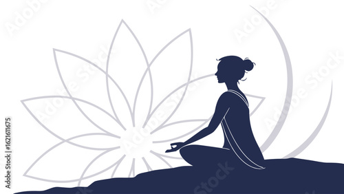 Silhouette of a Person Meditating in Front of a Lotus Flower Design