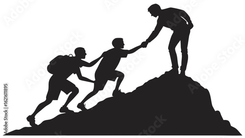 Silhouette of Three Climbers Supporting Each Other to Reach a Mountain Peak