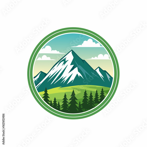 A captivating mountain landscape emblem showcasing nature's grandeur and serene beauty