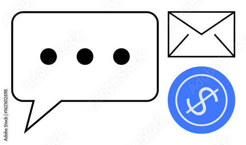 Chat bubble with ellipsis, envelope, and dollar icon, highlighting interaction, digital exchange, and finance. Ideal for messaging, payment, business online services marketing modern