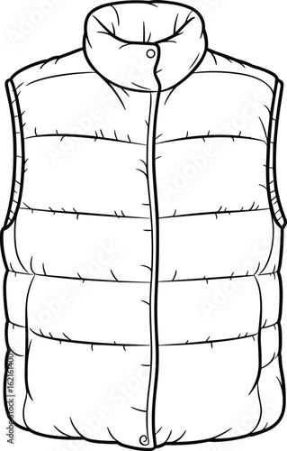 Puffer Vest Line Drawing, Quilted Sleeveless Outerwear, High Collar Design, Zipper Front Closure, Winter Fashion Sketch, Insulated Clothing Illustration