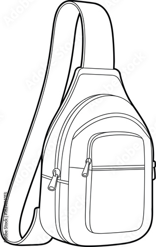 Sling Bag Line Drawing, Single Strap Design, Zippered Compartments, Minimalist Functional Style, Shoulder Carry Bag Sketch, Travel Gear Illustration