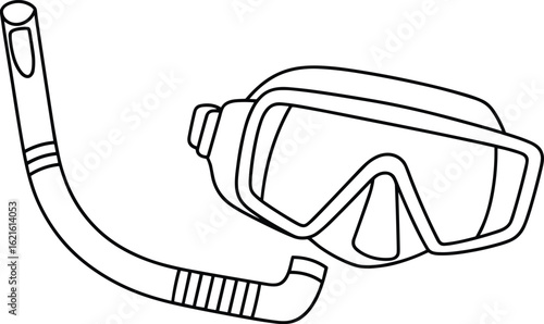 Snorkel and Diving Mask Line Drawing Illustration, Underwater Breathing Gear, Curved Tube with Mouthpiece, Single Lens Mask, Water Sports Equipment Sketch