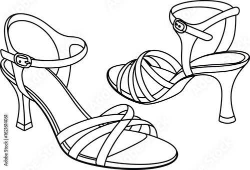 High-Heeled Sandals Line Drawing Illustration, Crisscross Strap Design, Ankle Buckle Closure, Curved Heel Silhouette, Fashion Footwear Sketch, Stylish Shoe Artwork