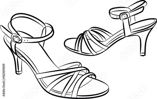 High-Heeled Sandals Line Drawing Illustration, Crisscross Strap Design, Ankle Buckle Closure, Slender Heel Silhouette, Fashion Footwear Sketch, Stylish Shoe Artwork
