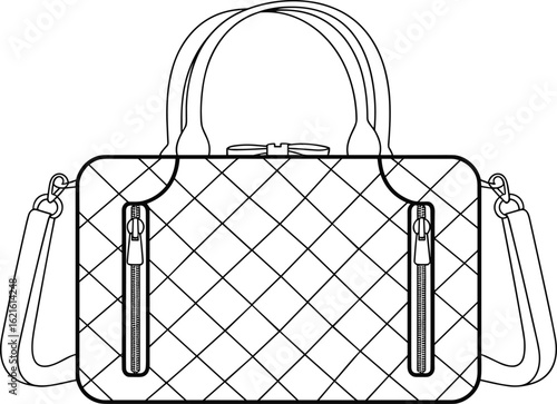 Quilted Handbag Line Drawing Illustration, Diamond Pattern Front, Dual Handle Design, Vertical Zipper Pockets, Shoulder Strap with Metal Rings, Fashion Accessory Sketch