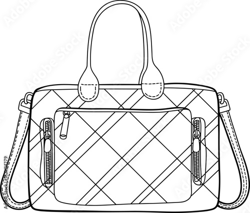 Plaid Handbag Line Drawing Illustration, Grid Pattern Front, Dual Handle Design, Detachable Shoulder Strap, Zippered Pockets, Fashion Accessory Sketch, Stylish Bag Artwork