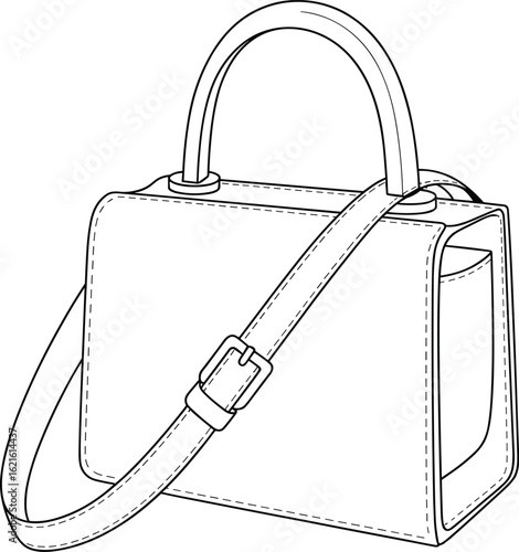Handbag Line Drawing Illustration, Rectangular Shape with Rounded Edges, Top Handle and Buckled Strap, Fashion Accessory Sketch, Stylish Bag Design Artwork