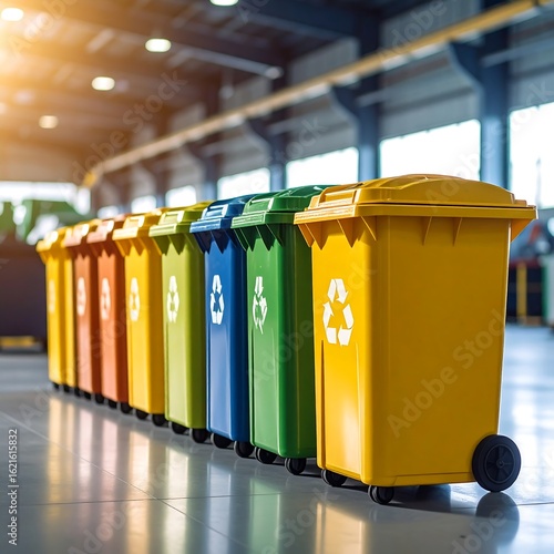 Row of colorful recycling bins in a large industrial space (1)