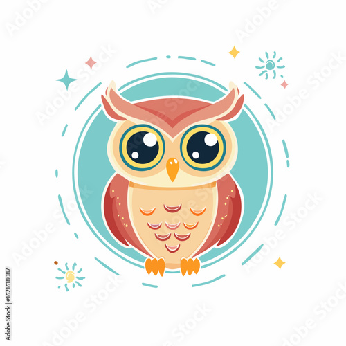 Adorable owl illustration with whimsical circular frame and sparkling elements a delightful cartoon character