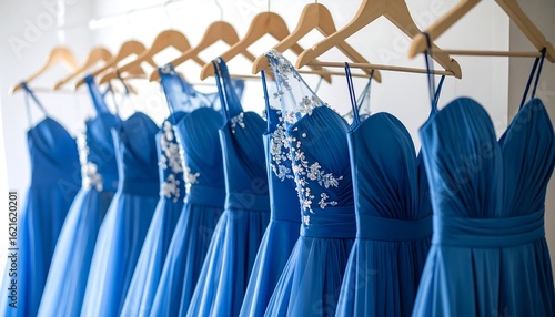 Row of elegant, royal blue bridesmaid dresses hanging on wooden hangers