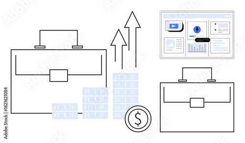 Briefcases alongside increasing arrows, stacked coins, and a data dashboard evoke growth, finance, and business solutions. Ideal for business development, finance, investment, analysis economy