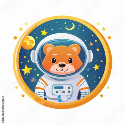 A delightful illustration of a bear astronaut in a cosmic setting within a circular frame