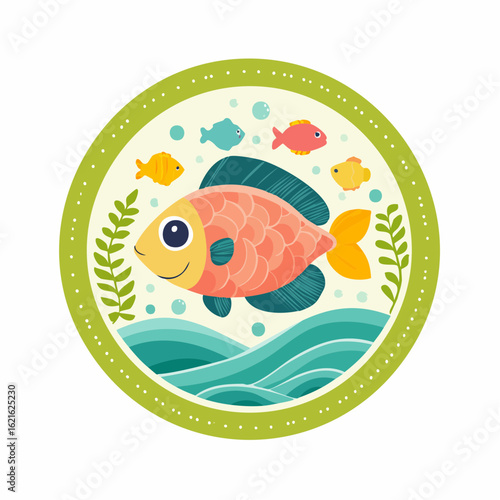 Colorful aquatic scene featuring various cartoon fishes swimming in a vibrant underwater environment
