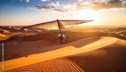 Hang gliding over Sahara Desert dunes at sunset.