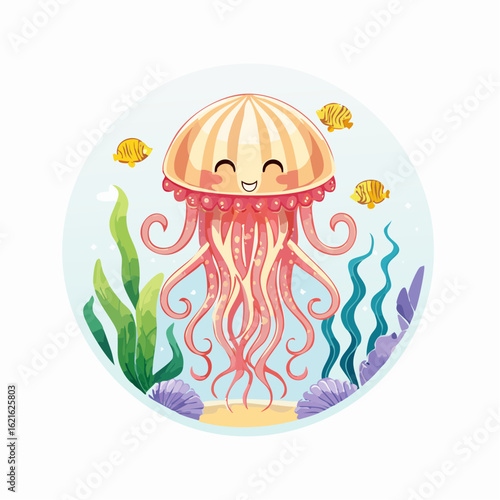 Cute Jellyfish Illustration in Undersea Setting with Seaweed and Smiling Fishes