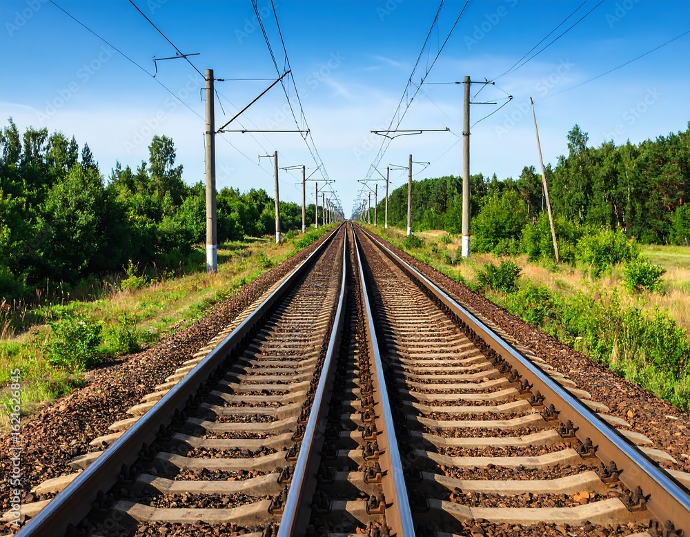Railroad tracks stretching into a clear blue sky Railroad tracks stretching into a clear blue sky