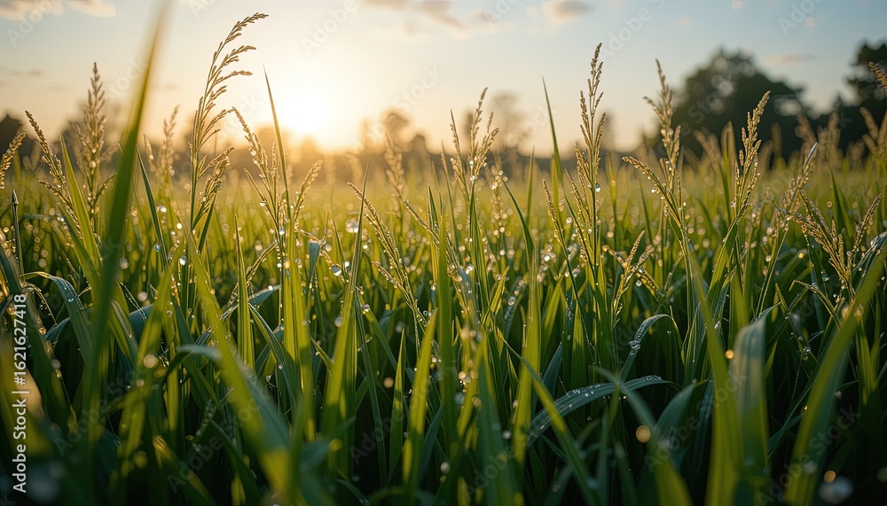 Fototapeta premium Dew-kissed grass field at sunrise.
