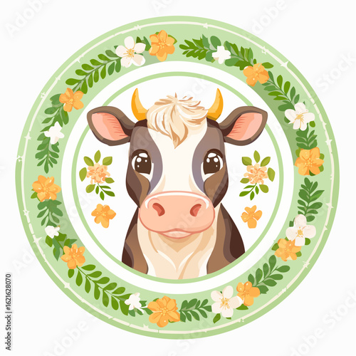 Cartoon Cow Portrait within a Floral Wreath Frame for Decorative Design Purposes