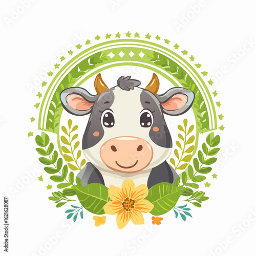 Charming Cow Cartoon Illustration with Floral Accents and Whimsical Green Frame Design