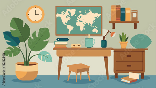 A study space with a wooden desk a potted monstera plant and a framed vintage map of a tropical island.