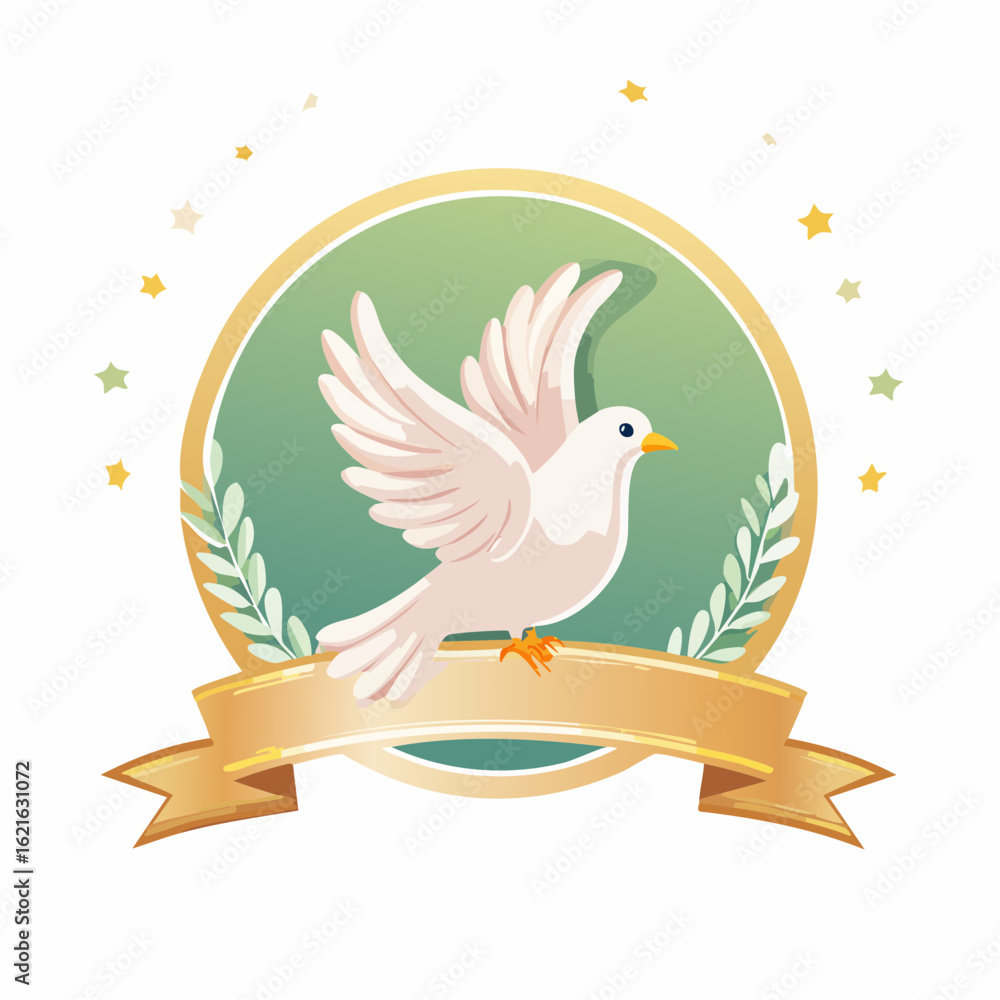 Fototapeta premium Peaceful Dove Emblem with Golden Banner and Green Laurel Wreath for Celebratory Occasions
