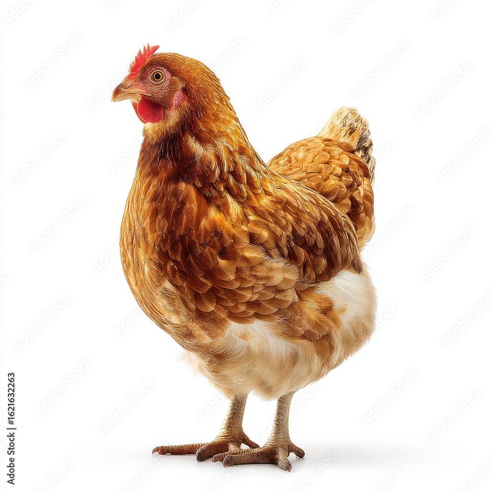 Fototapeta premium Brown hen standing and looking to the side isolated on white background