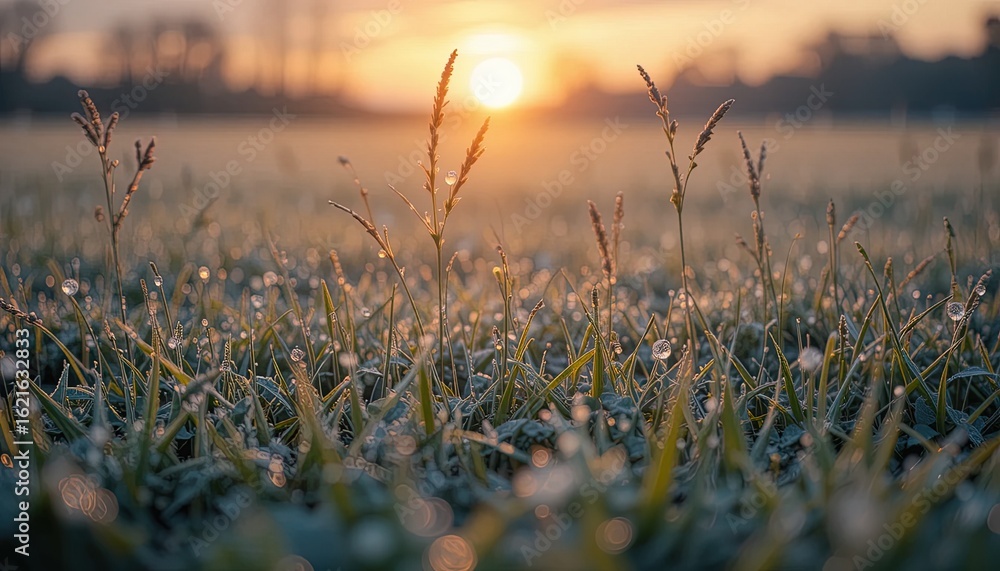 Obraz premium Dew-kissed grass at sunrise.