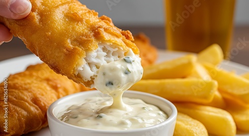 Fish and Chips Delights: A close-up shot showcases a crispy, golden-brown fish fillet being dipped into a creamy tartar sauce, alongside a pile of perfectly cooked chips.