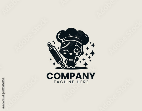 A happy cartoon baker winking with a wooden rolling pin