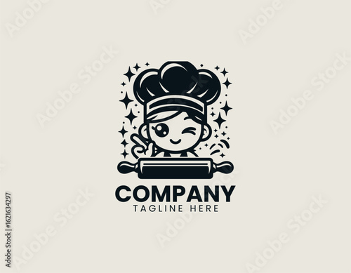 A happy cartoon baker winking with a wooden rolling pin