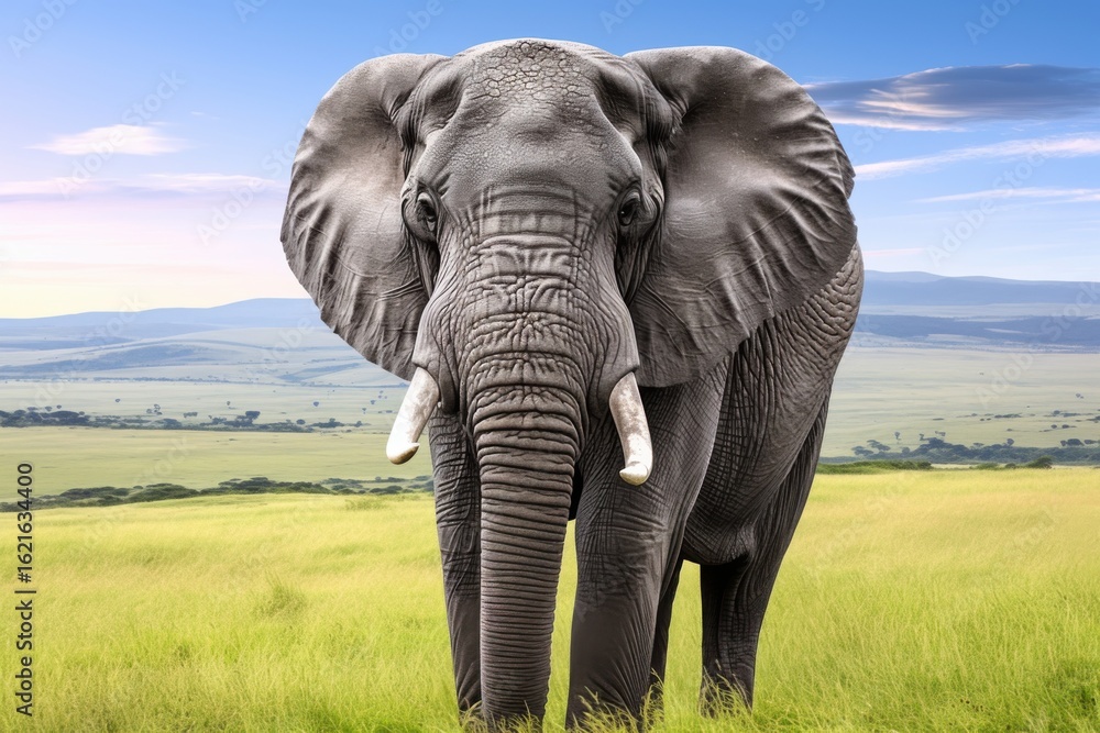 Fototapeta premium Majestic African elephant standing in a vibrant green field