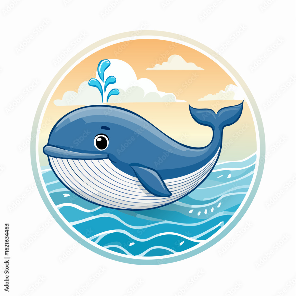Obraz premium Charming Cartoon Whale Illustration with Ocean Sunrise in Circular Frame Design