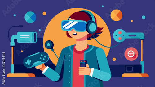 A student testing out virtual reality equipment with a headset on and controllers in hand.