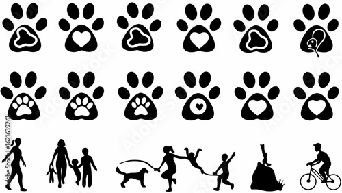 Illustration of multiple dog paw prints with heart shapes and people silhouettes engaging in various activities