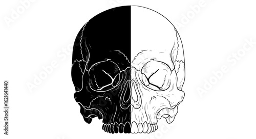 Illustration of a skull divided vertically with one half black and the other half white outline