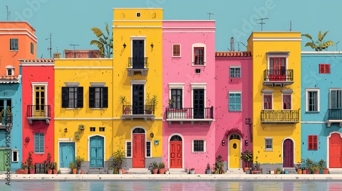 Vibrant Mediterranean Waterfront Row Houses: Colorful Architecture, Sunny Day, Canal View, Building Facade, Townhouses, Holiday Destination, Summer Vacation, Travel, Architecture Design, Real Estate, 