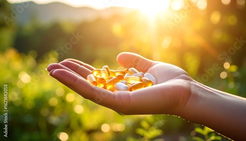 Hand holding various pills outdoors under sunlight