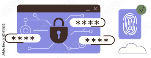 Browser window with padlock, masked passwords, fingerprint icon, and cloud symbol. Ideal for online security, encryption, authentication, privacy, data protection network safety secure login