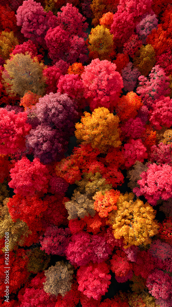 Obraz premium Aerial View of Colorful Autumn Trees Displaying Vibrant Foliage in Vivid Reds, Purples, And Oranges