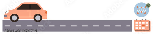Car driving on a road with a navigation sensor and a calendar. Ideal for transportation, technology, scheduling, automation, navigation, futuristic mobility, eco-friendly travel. Simple flat metaphor