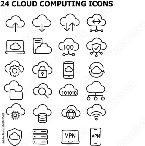 A diverse collection of cloud computing icons representing various functions such as data transfer, security, connectivity, and technological concepts in a minimalist design