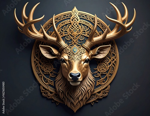 Ornate golden deer head on dark background