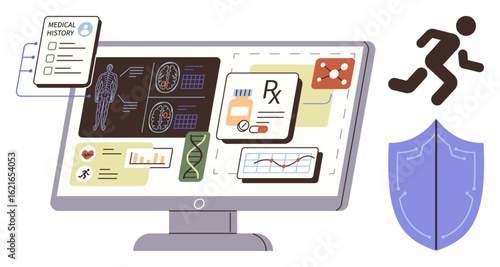 Medical data displayed on a computer screen with charts, genome, prescriptions, running icon, and shield. Ideal for telemedicine, health monitoring, diagnostics, preventive care fitness tracking