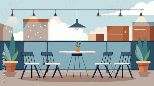 A rooftop terrace with a metal dining table and chairs string lights hanging above and potted plants in industrialstyle galvanized metal containers.