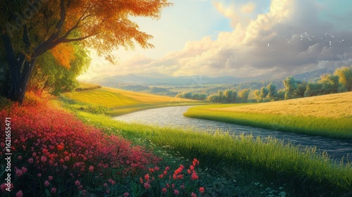 Colorful autumnal landscape with river, sunlit fields, and trees